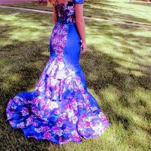 Blue floral two piece prom dress